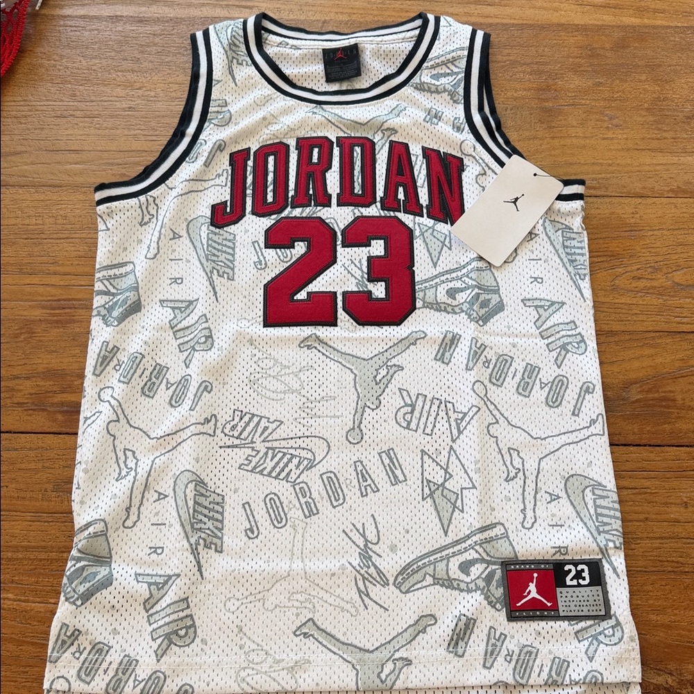 Jordan White Mesh 23 Graphic Basketball Jersey with Red Accents
